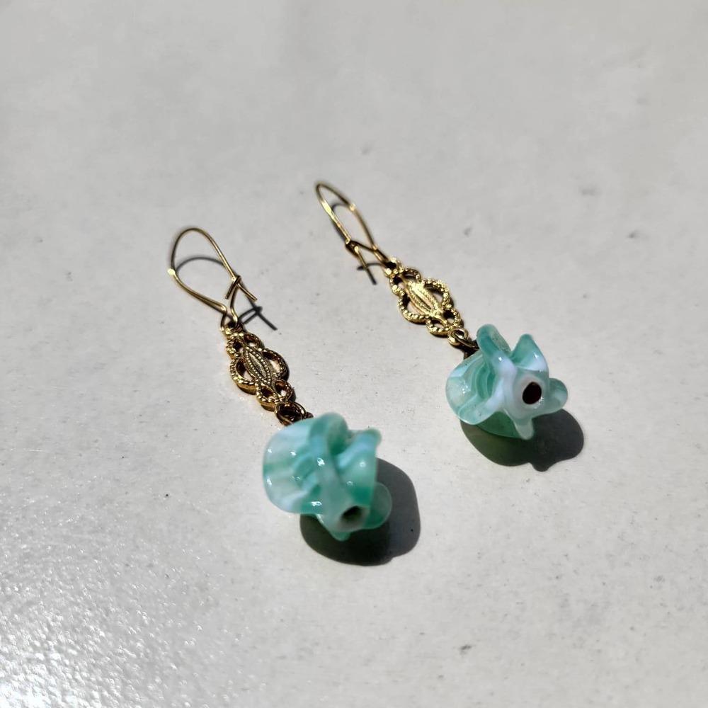 Vintage Slag Glass Rose Dangle Earrings Gold Filled Filigree Green Floral Drop